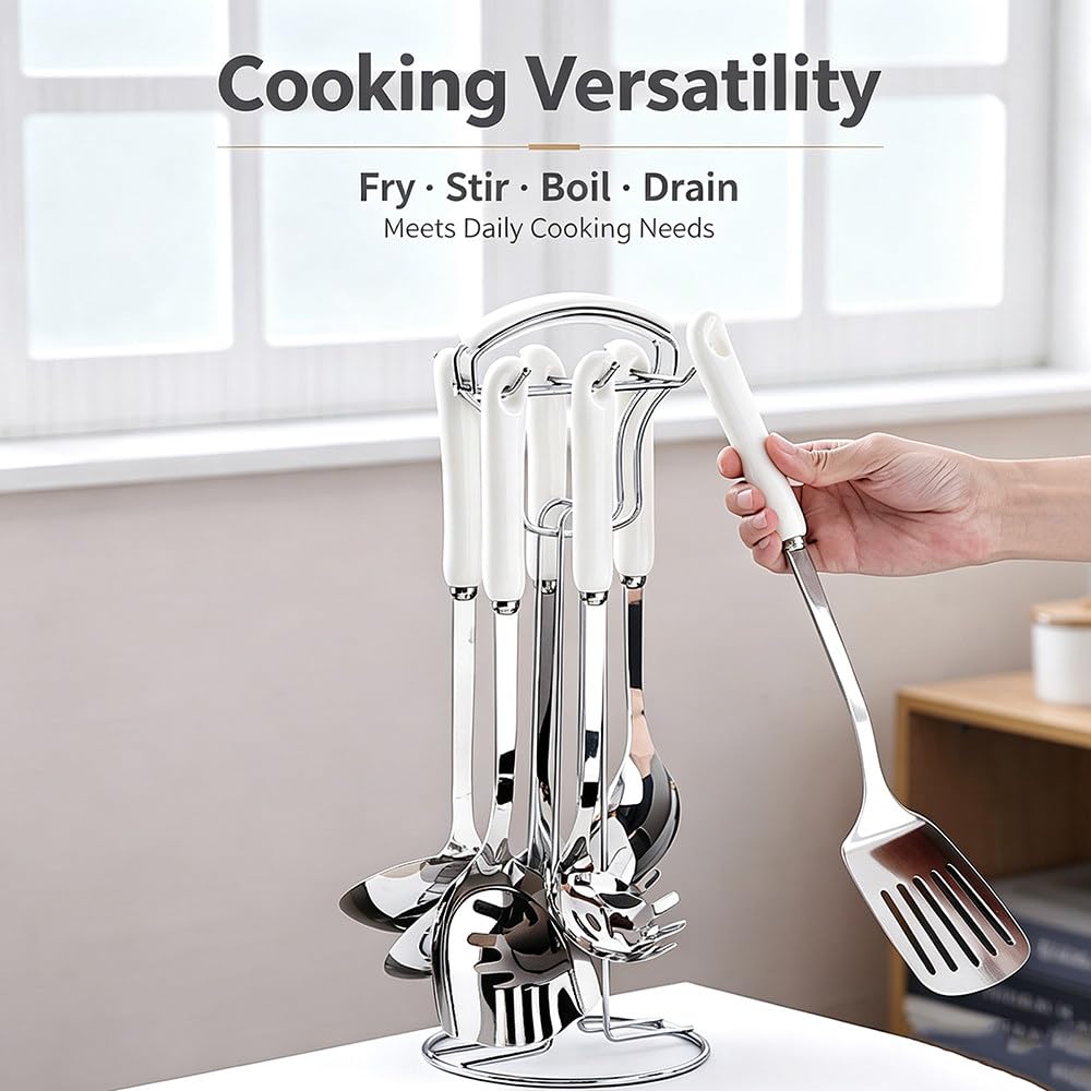 Set di 7 Utensili da Cucina in Acciaio Inox 201 con Supporto, Kit Comprensivo di Spatola E Mestolo con Manico in Ceramica Termoisolante per La Cucina Domestica Pink