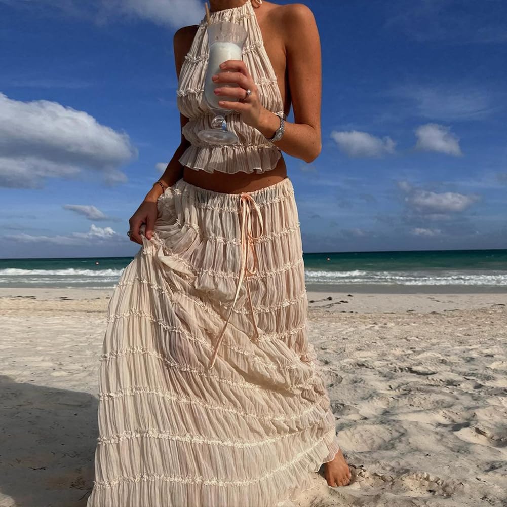Ensemble 2 pièces en mousseline de soie pour femme – Haut court dos nu à lacets sans manches et jupe longue plissée fluide taille haute pour soirée, événements, vacances à la plage