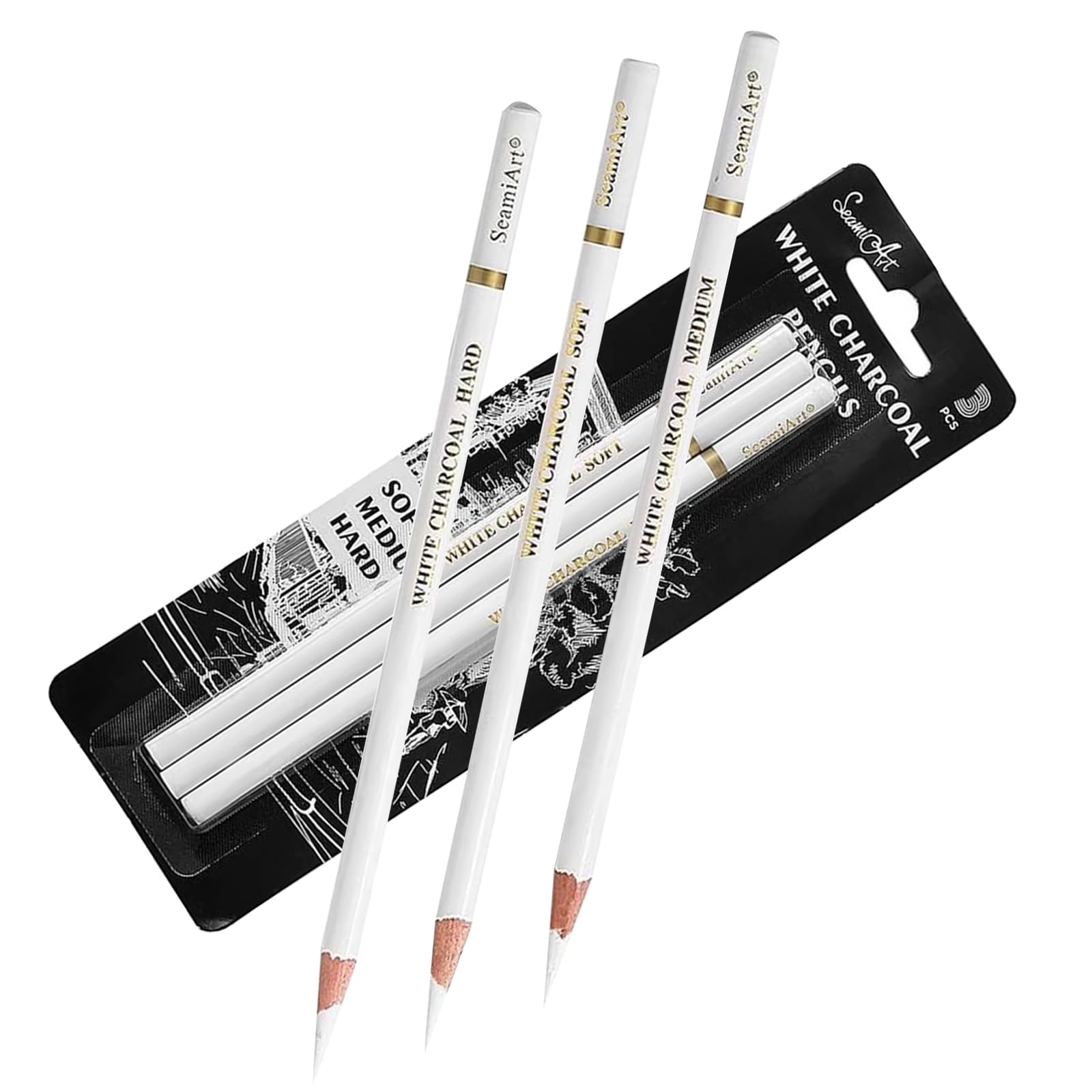 Lápiz de Carbón Blanco, Madera Resaltar Lápiz, Resaltar Lápices de Carbón, Resaltado Lápices de Dibujo, Blanco Boceto ProfesionalLápiz, Paquete de 3 (Suave/Mediano/Duro)