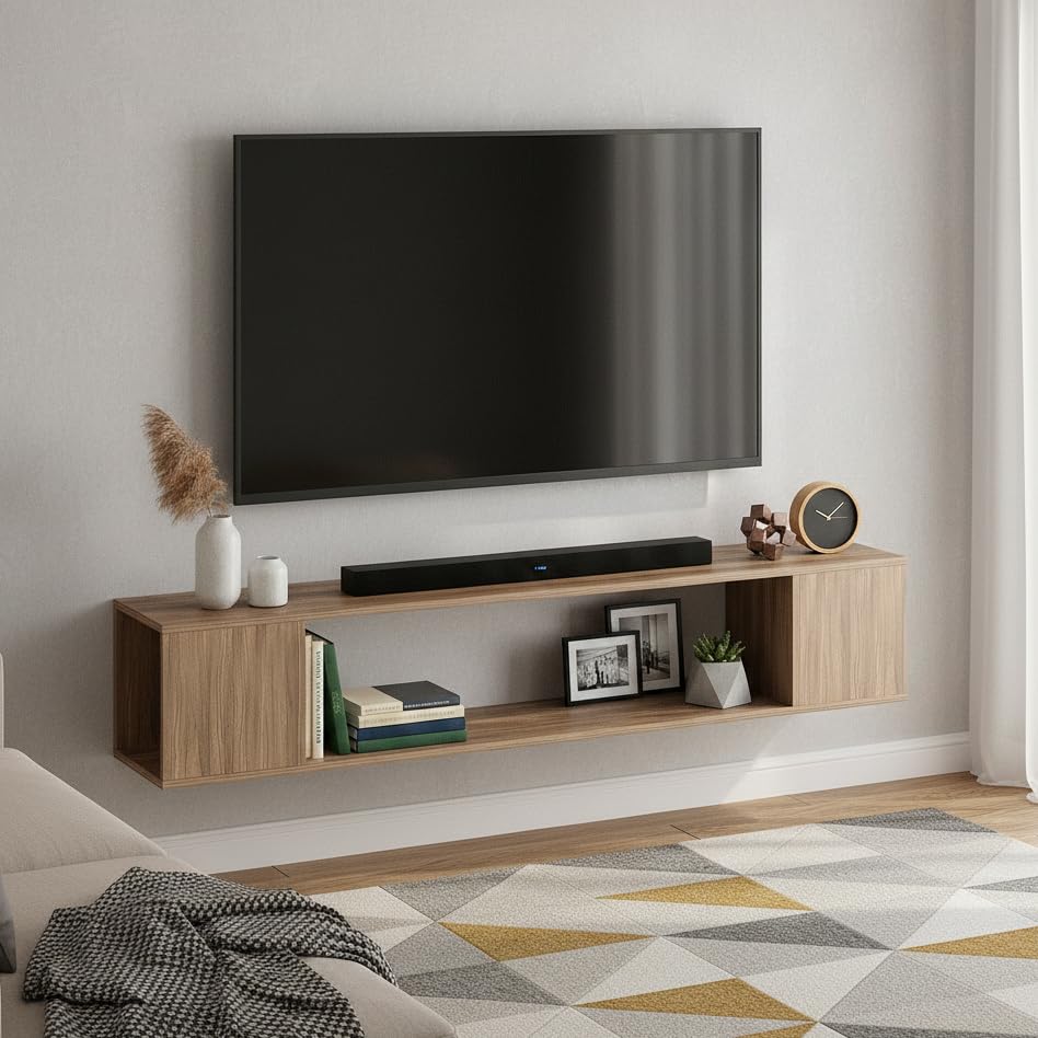 Image of FURNEASER Ether Modern Wall Mounted TV Unit with Floating Shelf | Wooden TV Entertainment Unit for Living Room | Engineered Wood Media Console for 43,50, 55 to 65 Inch TV (Exotic Teak)
