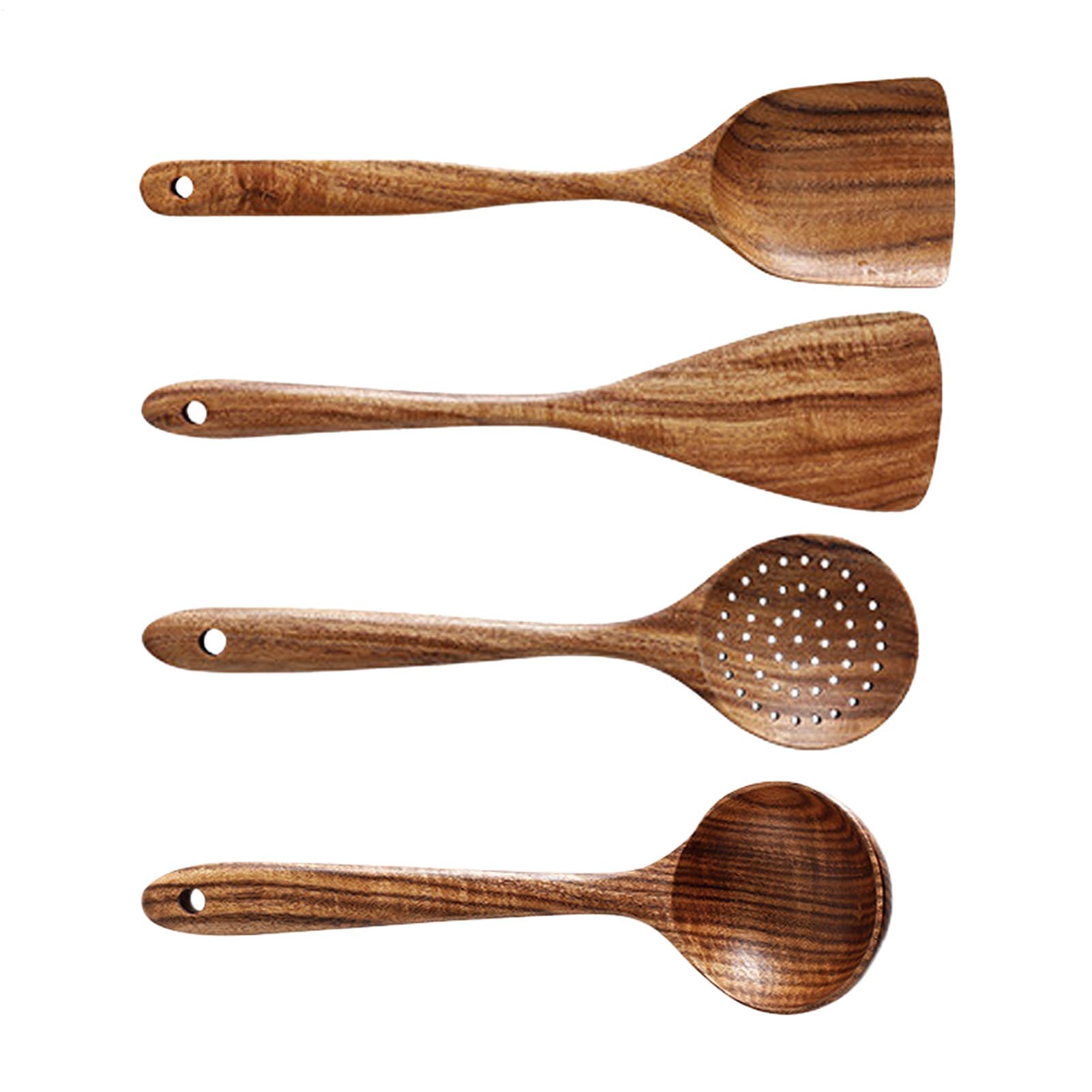 Juego de utensilios de cocina de madera natural - Cucharas de cocina de 4