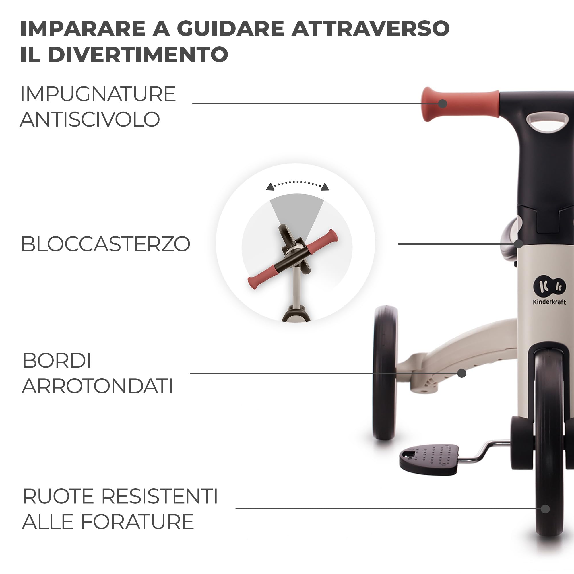 Kinderkraft Triciclo 3in1 4TRIKE, Mini bici, Carrello, Sella regolabile, Pieghevole, da 12 mesi a 5 anni, Grigio