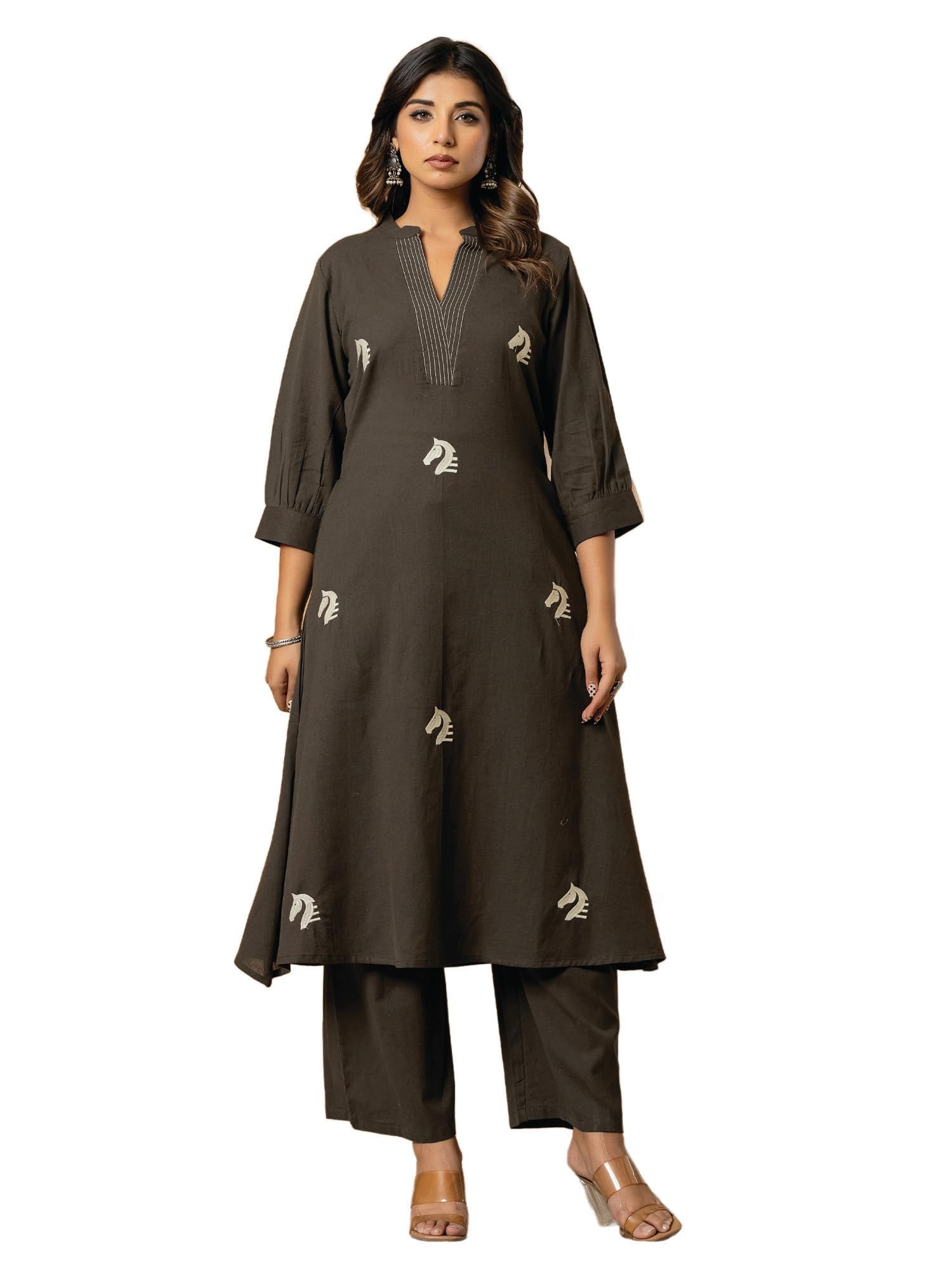 INDO ERA Women's's Pure Cotton Embroidered Kurta Women | Floral Neck & Hem Embroidery | Cotton Kurta Women |