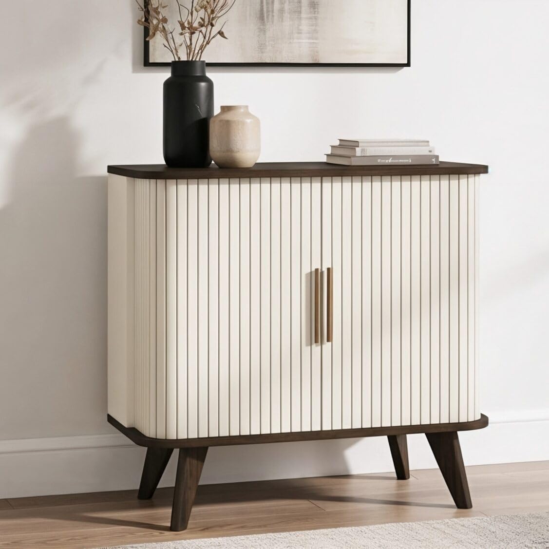 Galano Flutoria Lincoln Sideboard with 2 Doors – Modern Minimalist Storage Cabinet for Hallway, Living Room & Bedroom – Parchment/Royal Walnut