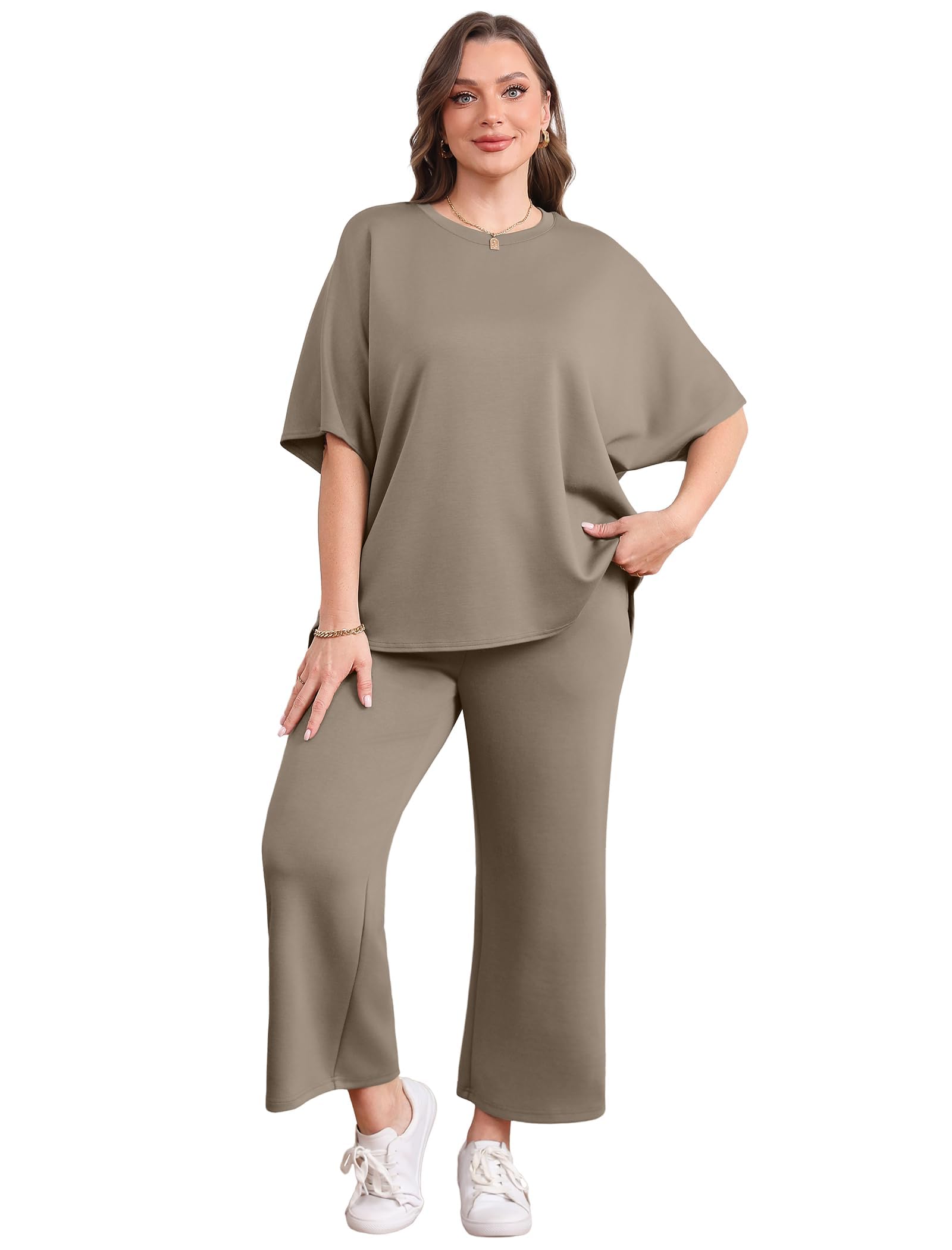 Desol Zweiteiler Damen Sommer Outfits, Trainingsanzug Sets Kurzarm Oberteil & Jogginghosen, Weites Bein Caprihosen für Freizeit & Hausgebrauch & Reisen