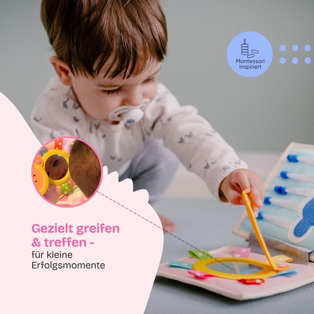 Jolly Designs – Happy Sheep - 6 Seiten Mini Quiet Book – Montessori Spielzeug ab 4 Monaten – Motorik & Sensorik fördern – Handgefertigtes Filzbuch – Lernspielzeug für Kleinkinder – Busy Book