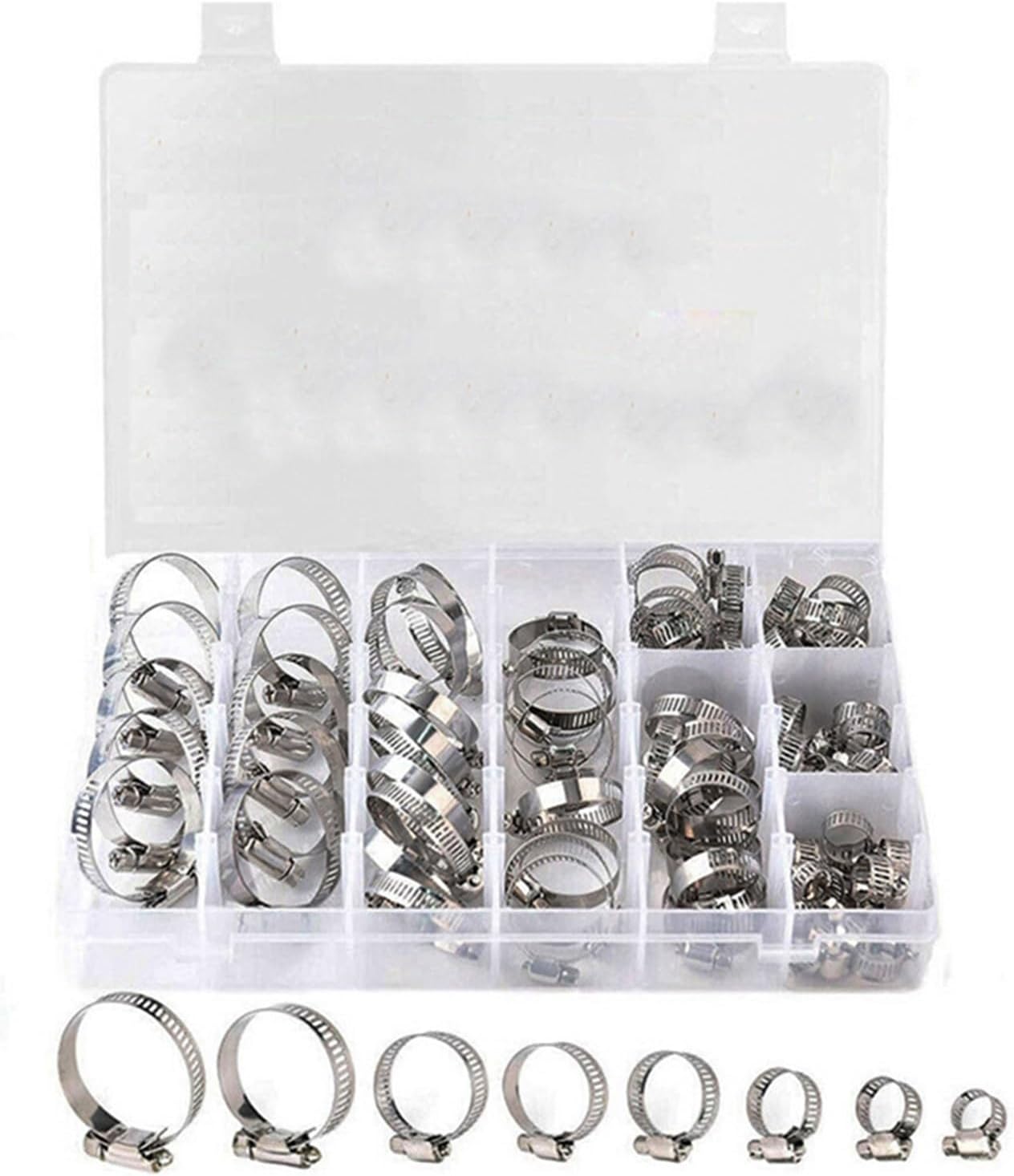 SBTRKT 91Pcs/Box Multi-Size 304 Stainless Steel Pipe Clamp Fuel Hose Clamp Worm Gear Hose Clip Set Hardware Tools