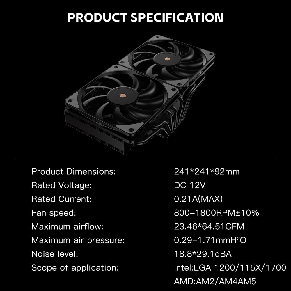 TZMRIT JiuShark JF13K Diamond Top-down Chłodzenie procesora, 250 W, TDP, podwójne 1800 obr./min, 64,51 CFM 1,71 mm, H2O 15 mm, do AM4/AM5, LGA1200/115X/1700 (czarny)