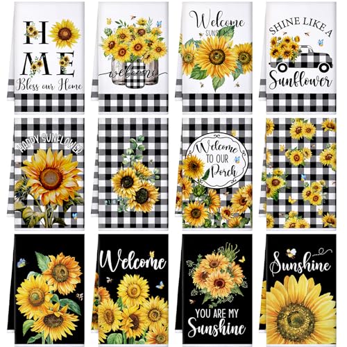 Bencailor 12 Pcs Sunflower Kitchen Towels Sets Decorative Dish Towels Absorbent Fast Drying Hand Cloths Hanging Reusable Cleaning Dishcloths Seasonal Holiday Home(Yellow,Sunflower)