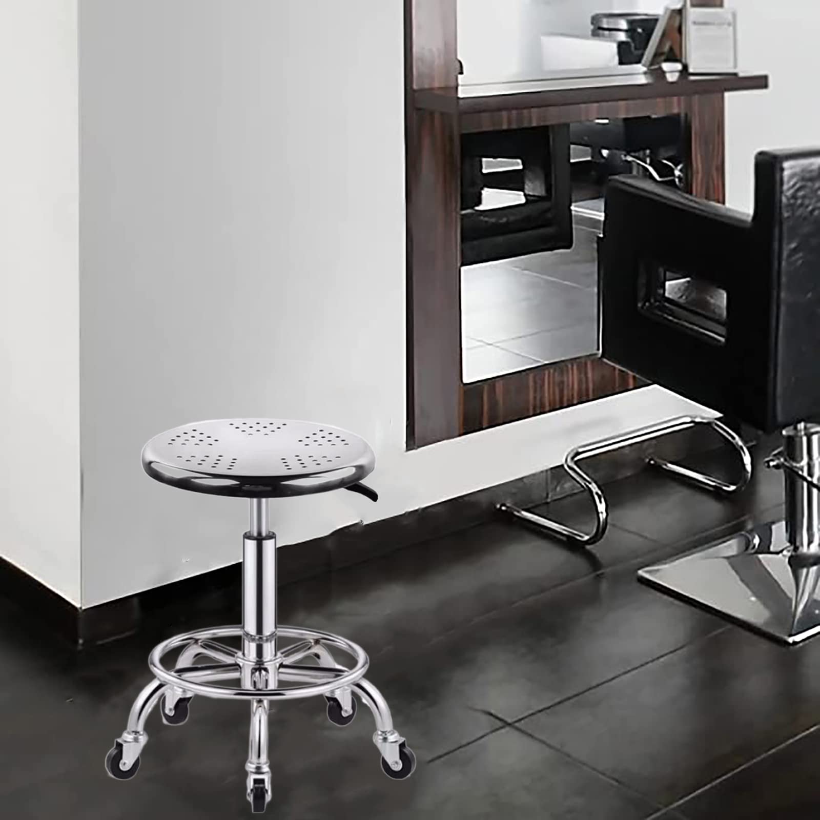 Taburete rodante redondo resistente, acero inoxidable 304, altura ajustable de 16.5 a 22.1 pulgadas, capacidad de peso de 480 libras, ideal para oficina, taller o uso en laboratorio