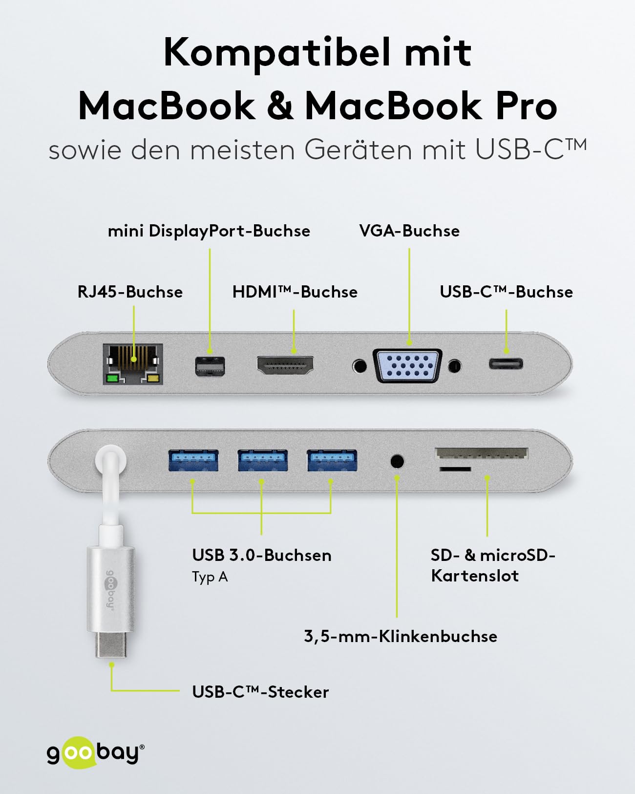 Goobay 62113 11 in 1 Hub USB-C riflette i segnali da USB c a HDMI e dispositivi USB / adatto per laptop, tablet, notebook, monitor, tv, tastiera e per Apple Mac Book e MacBook Pro / argento