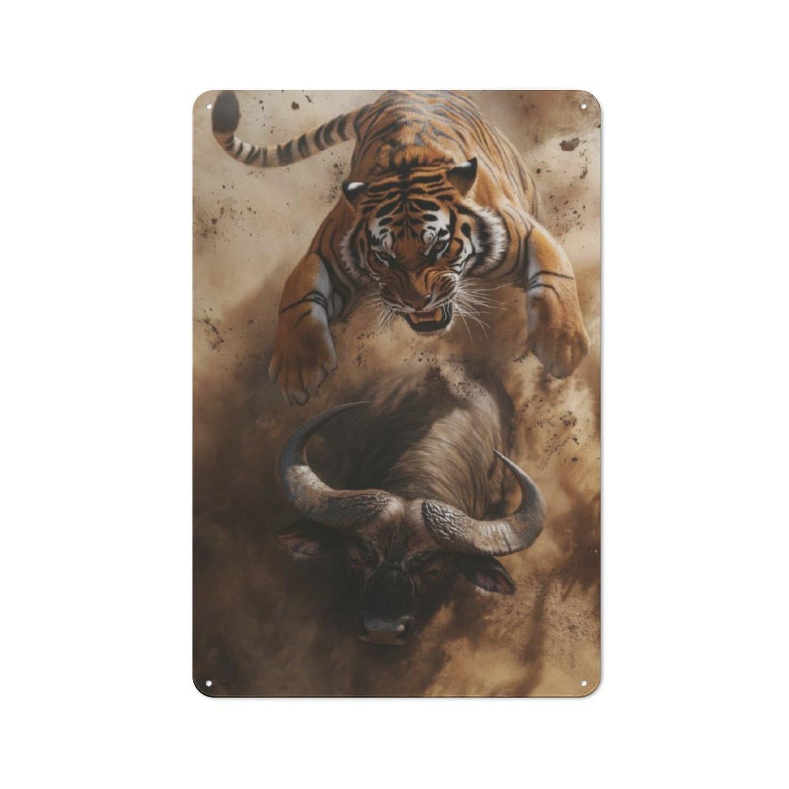 Tiger Attacking Buffalo Retro Metal Plaque 30x20cm for Lounge Or Reading Corner, for Vintage Wall Decor Fans, for Themed Room Decoration