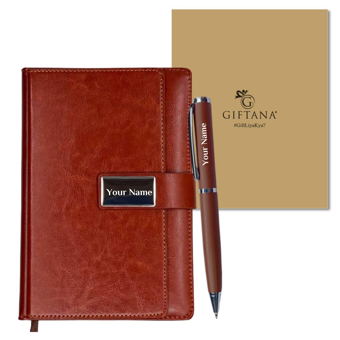 Giftana Personalized Diary with Pen Gift Set for Men and Women, 2 in 1 Customized Leather Flap Journal Notebook Diaries with Pen Set for Husband, Father, New Year Corporate Gifts for Employee (Brown)
