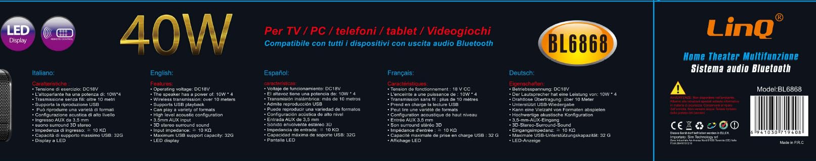 Soundbar Bluetooth LinQ 2.0 Canale 40W - Dettaglio