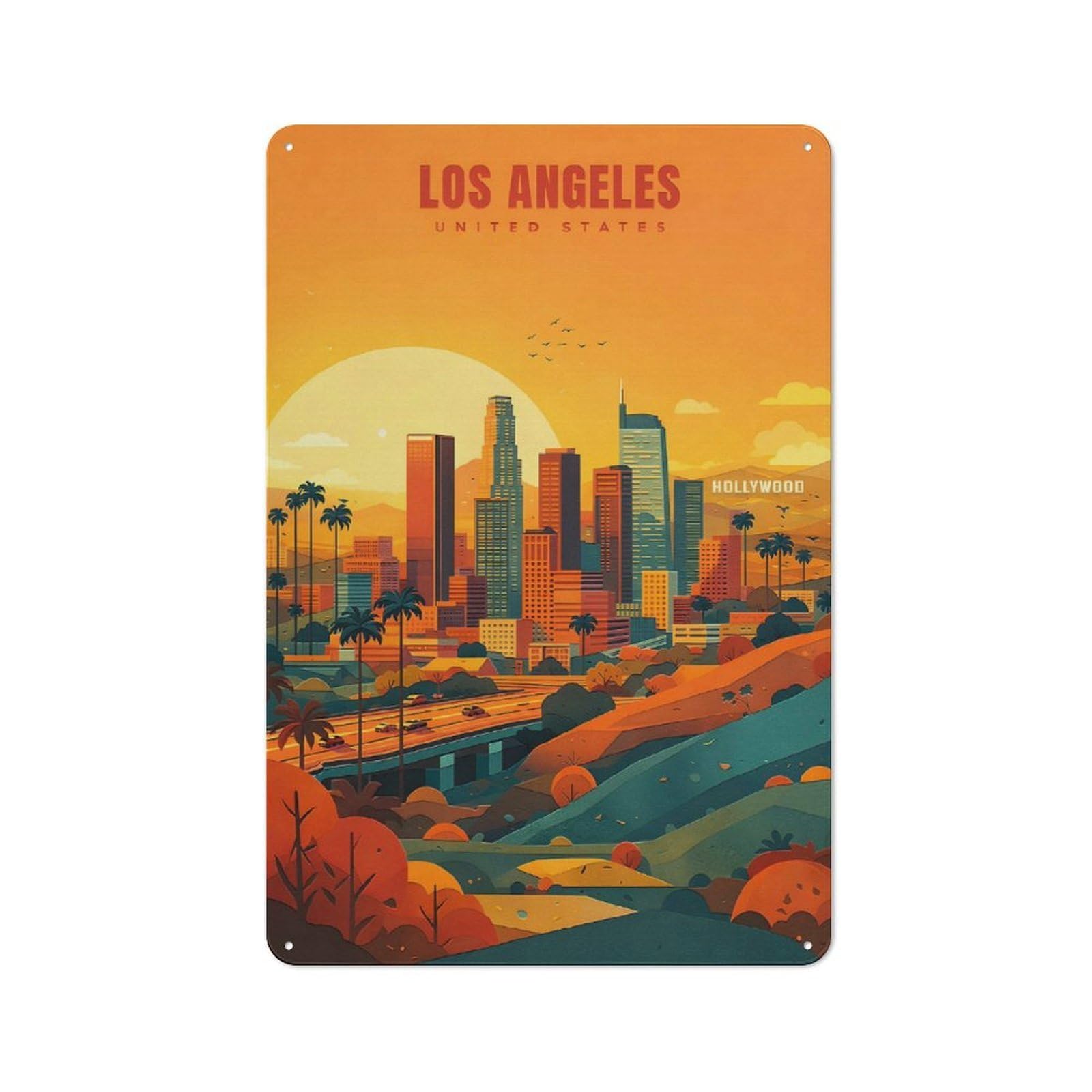 Junmoney Style-7 Los Angeles Skyline At Sunset Decorative Metal Plaque 30X20cm, Shop Front Style Restaurant Wall Art For Coffee Bar, Small Shop Or Dining Room