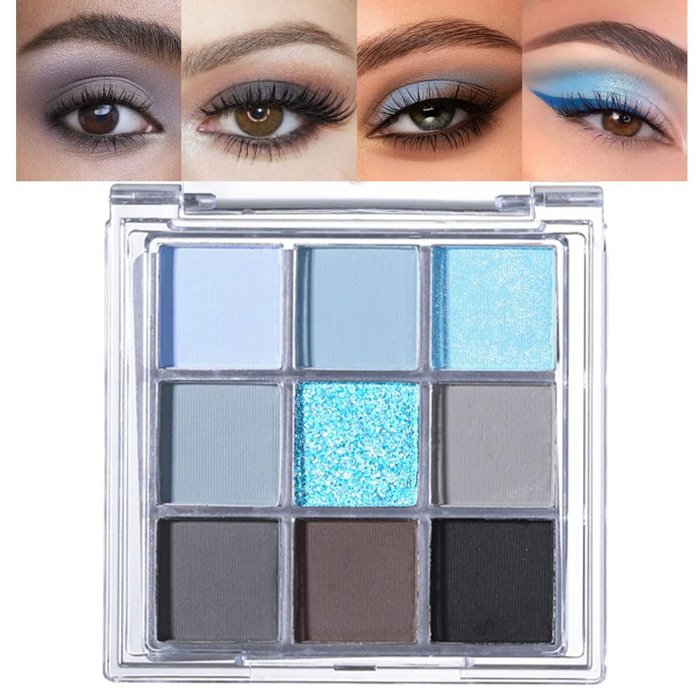 CAKAILA 9 Colors Blue Grey Colorful Eyeshadow Palette,Matte Shimmer Navy Blue Sky Blue Grey Eye Shadow Makeup Palettes,Long Lasting Waterproof Eye