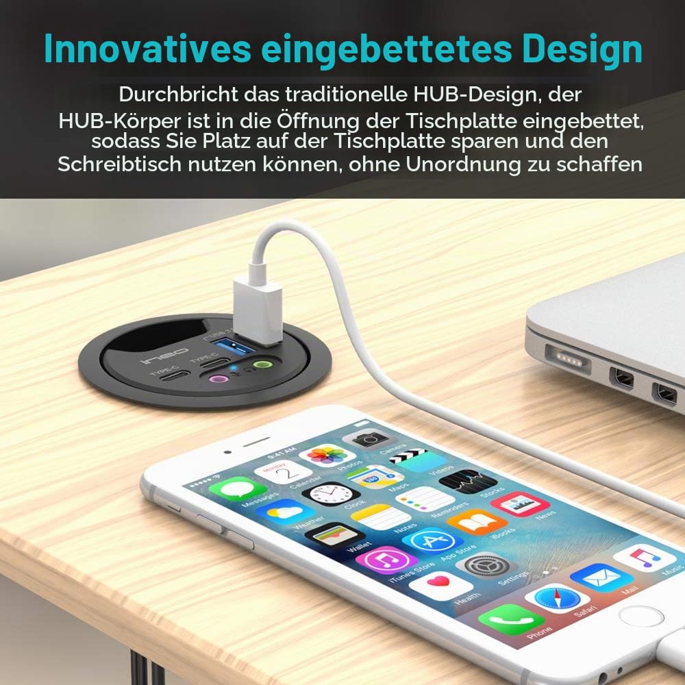 USB 3.0 HUB | ineo | 4 Ports | 2X USB-C | 2X USB-A | Audio I/O | Einbau in 60mm Schreibtischloch | Kabellänge 150cm | Staubschutzabdeckung | Einbauring 80mm | THC06VI