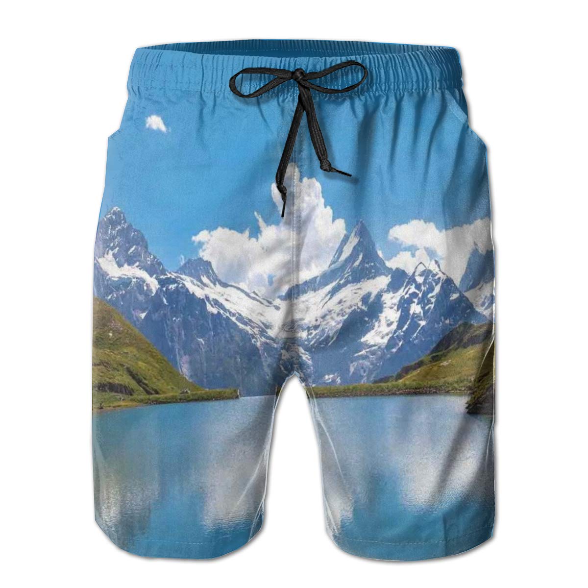 Men Swim Trunks Beach Shorts,Dreamy View of Alpineake with Snow Frozen Peaks Swiss Northern Explore L