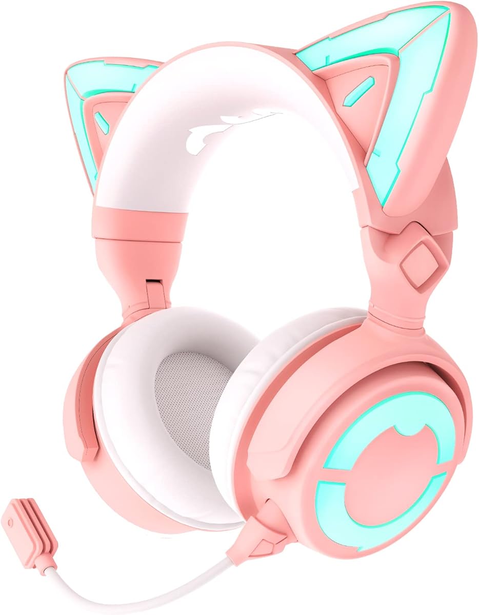 YOWU RGB Cat Ear Headphone 4, Upgraded Wireless & Wired Gaming Headset with Attachable HD Microphone -Active Noise Reduction, Dual-Channel Stereo & Customizable Lighting and Effect via APP (Pink)