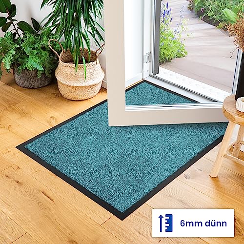 comflor Hochwertige Fußmatte Türkis 40x60 groß für Innen & Außen - Schmutzfangmatte rutschfest, waschbar & wetterfest - Fussmatte für Eingangsbereich & Aussenbereich - Läufer Flur dünn