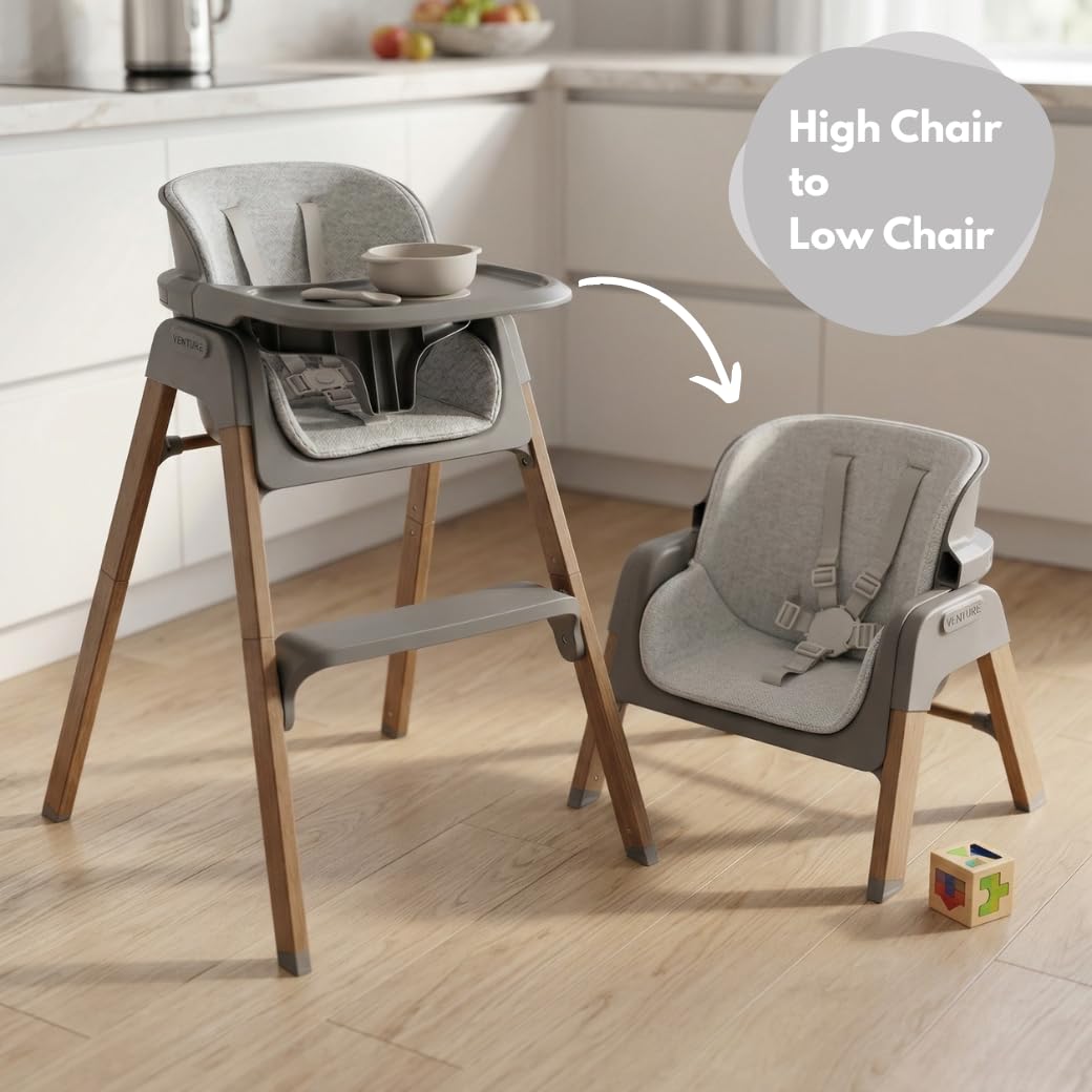 Venture Neyo 2-in-1 Foldable High Chair for Baby and Toddler, Convertible Baby Highchair with Wood Effect Legs, Removable Tray & Cushion, 5 Point Harness, Compact Folding (Grey) - 5