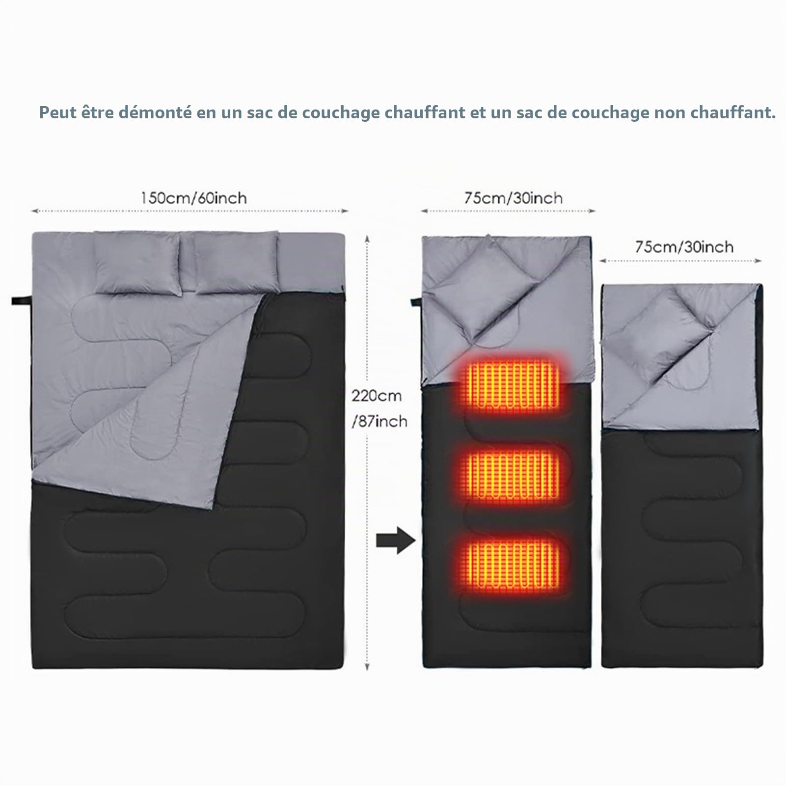 Sac de couchage chauffant pour adultes - 3 saisons, températures chaudes et froides, parfait pour le camping et la randonnée