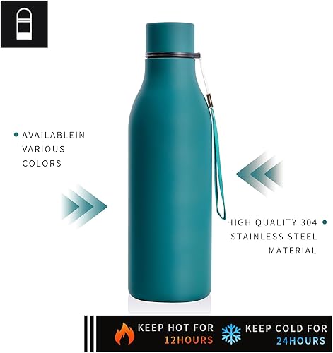 Miniatura 3 de Botella de agua de acero inoxidable de 18.5 onzas, doble pared aislada al vacío, botella de agua deportiva con correa de transporte, libre de BPA