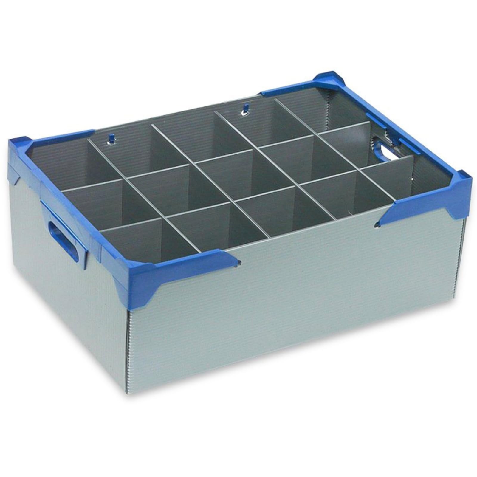 Glassjacks - The Glassware And Glassware Storage Box Company Silver Boxes And With Blue Handles Glassware Storage Container, Beer Glasses And Pint Glasses, Glass Or Item Max Width 97Mm, Max Height 190Mm - 15 Cells/Compartments.