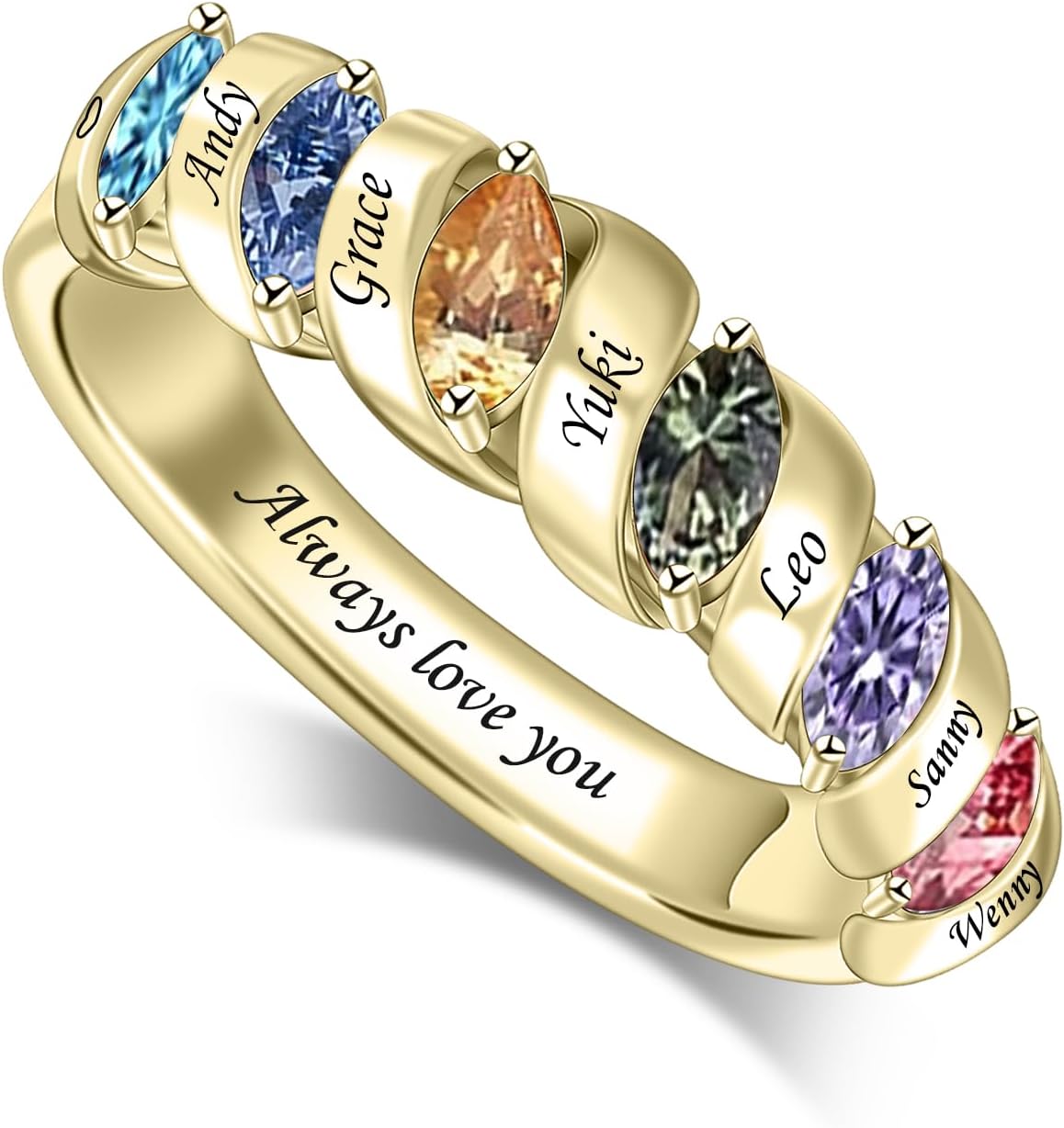 Personalized Gemstone Rings Custom Family Ring Womens Rings with 1-6 Birthstone Engraved Jewelry Gift for Her
