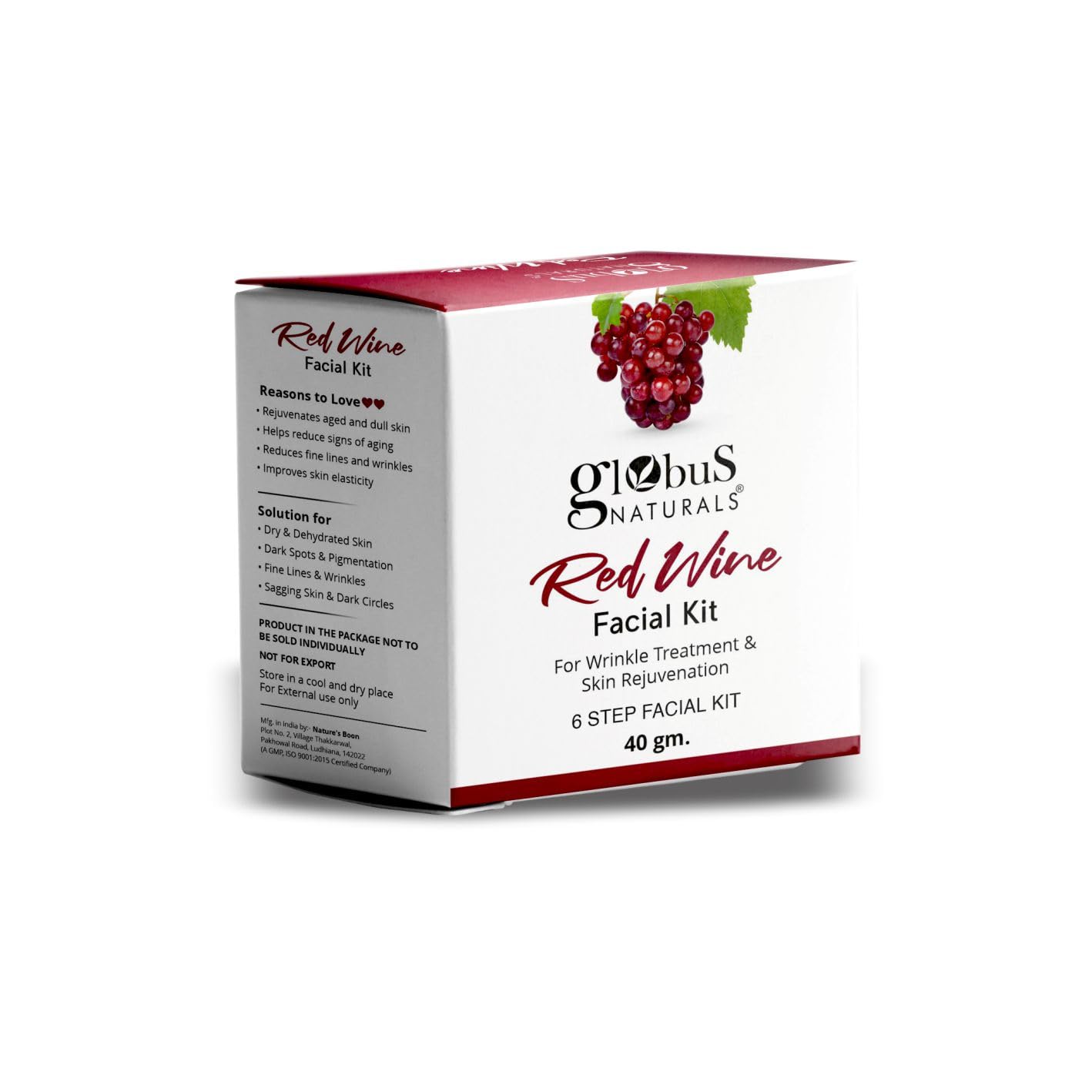 Globus Naturals Anti-Ageing Red Wine 6 Step Facial Kit, For Reducing Fine Lines & Wrinkles, Suitable For All Skin Types, 40gm