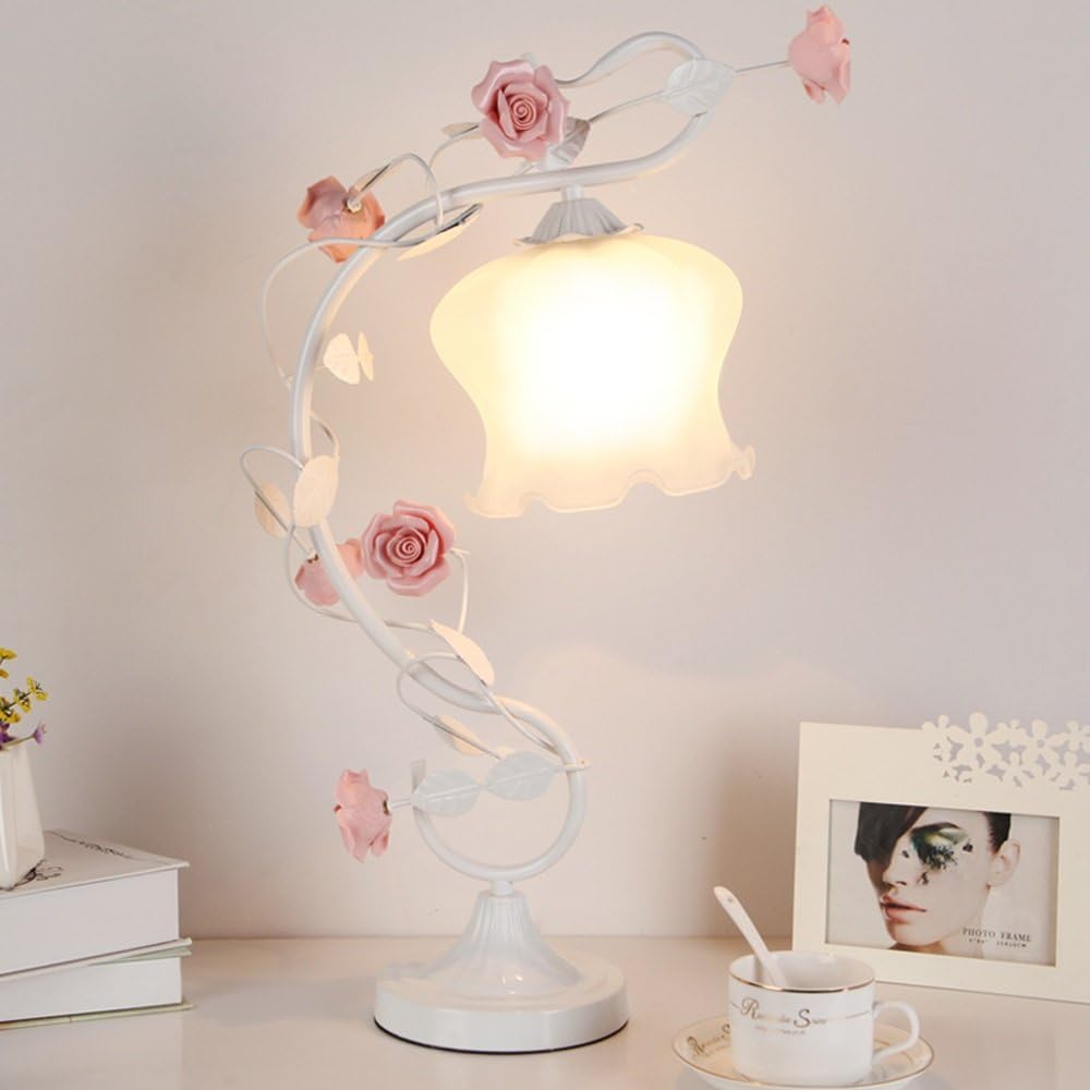 Pink Rose table lamp, flower table lamp led / light bulb modern simple table lamp European style table lamp glass flower shade iron lamp body suitable for living room bedroom bar decoration