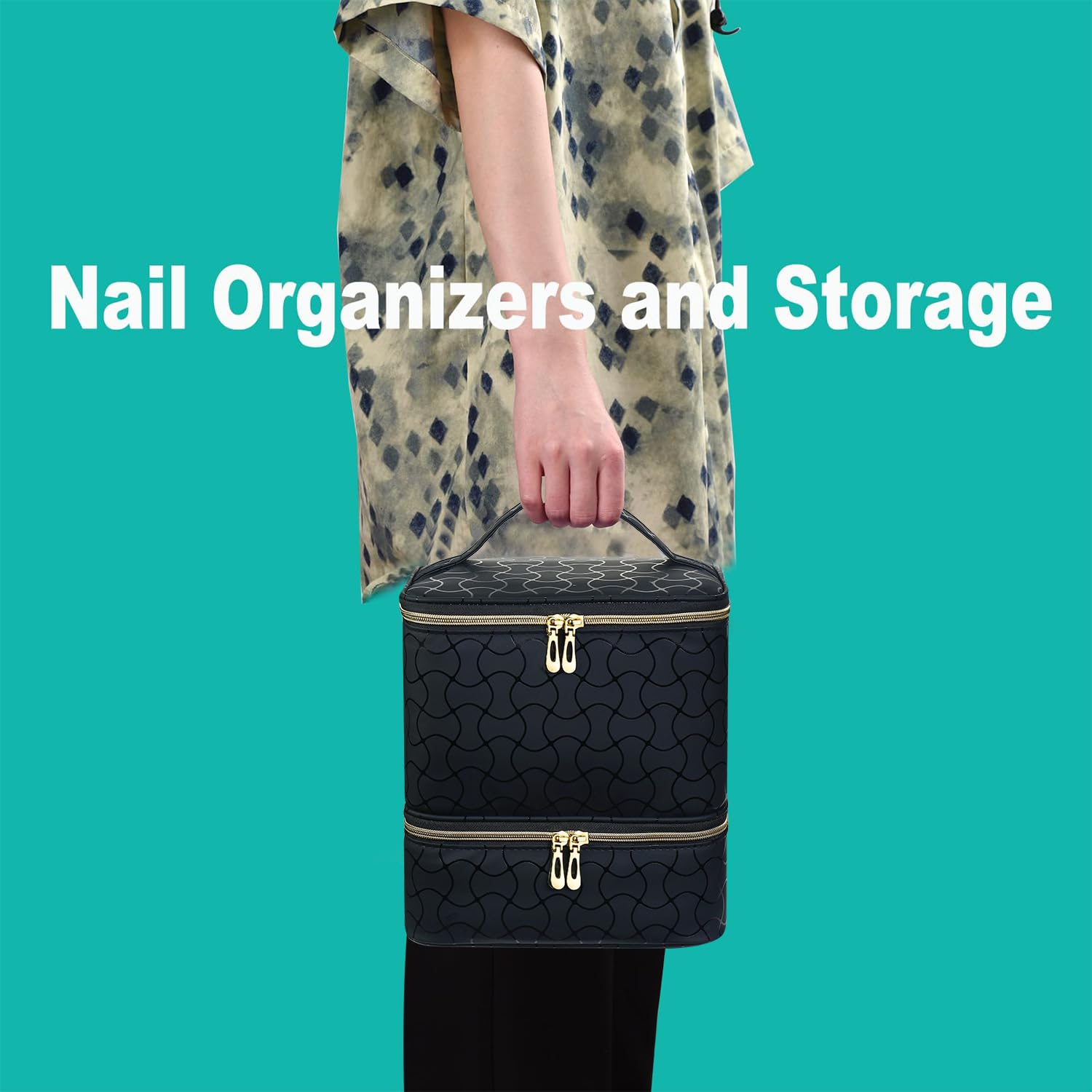Nail Polish Organizer Holds 30 Bottles (15ml) and 1 Nail Light Nail Polish Carrying Case with Storage Pockets for Manicure Tools Double Layer Nail Storage Travel Bag with Handle (): B-Black