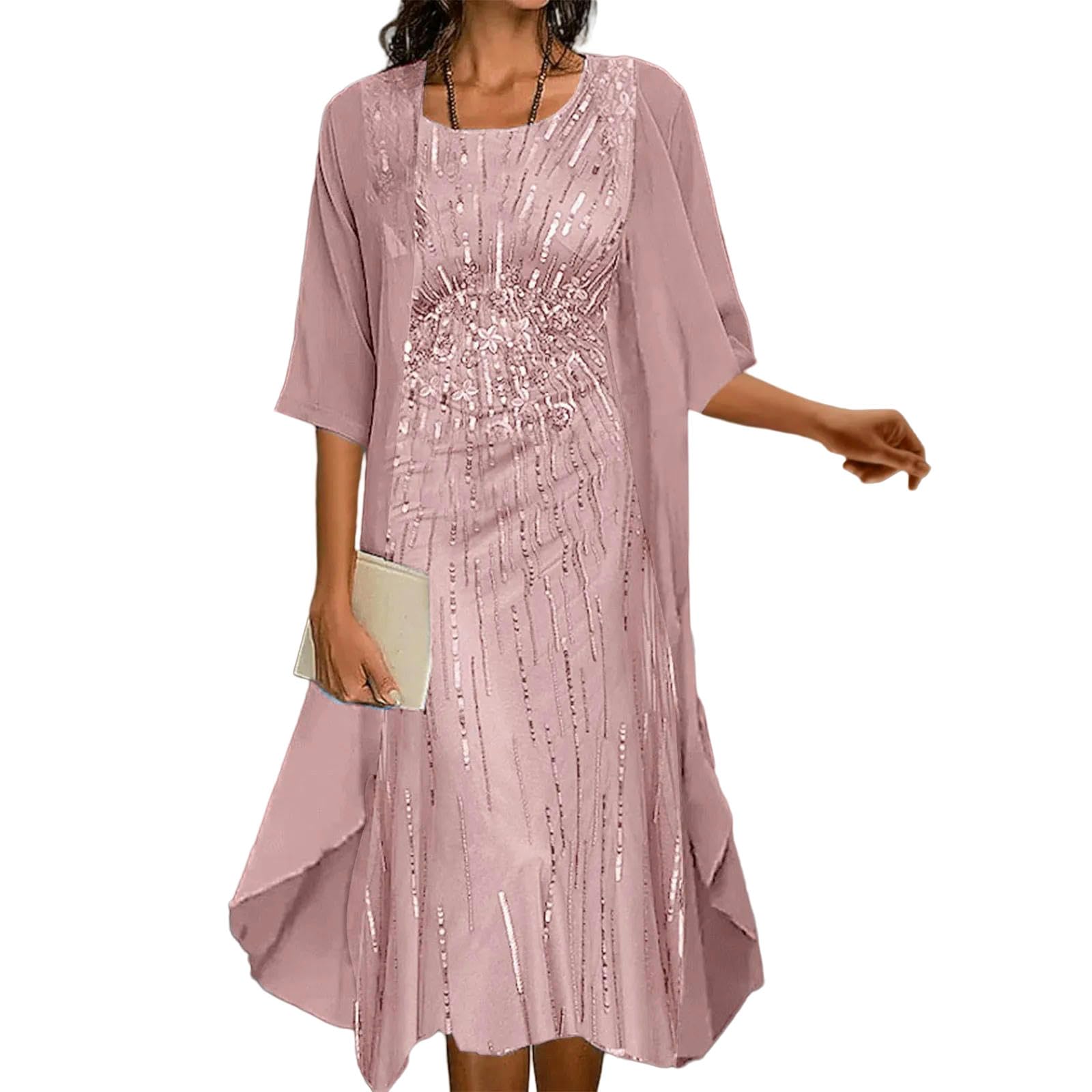 Vestiti a Maniche Lunghe Set di Abiti in Chiffon Due Pezzi Femminile, Elegante Abito con Paillettes O-saccello, da Banchetto per Feste Nozze, Vestito Sera, Abbigliamento Donna Casual Moda