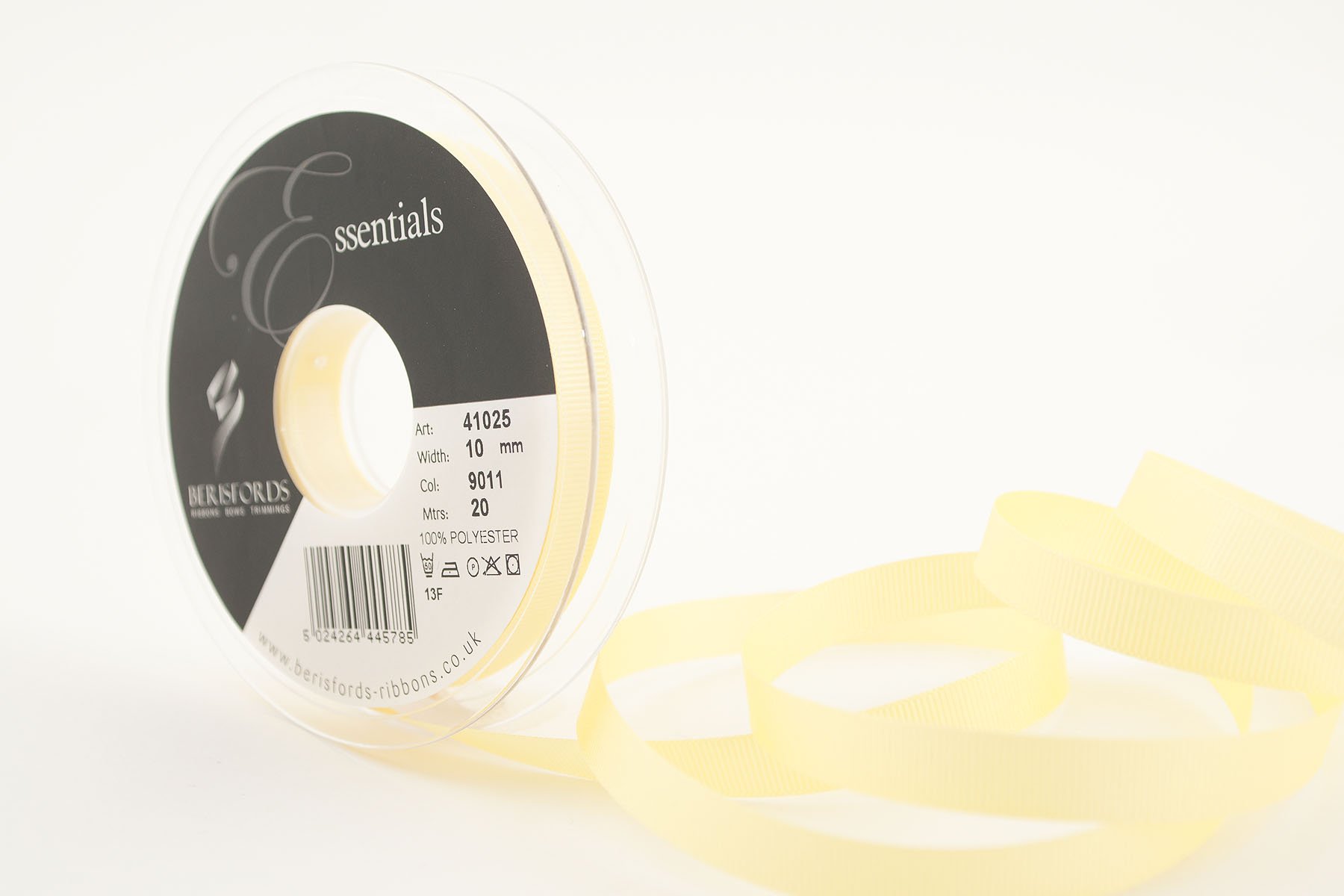 Berisfords 41025 20 m x 10 mm Polyester Grosgrain Ribbon, Lemon, 10mm