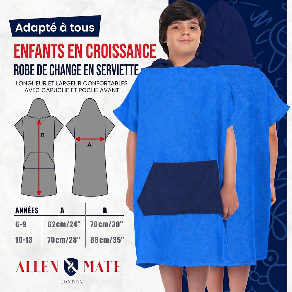 ALLEN & MATE 100% COTON Serviette de plage poncho pour enfants - Peignoir de bain surdimensionné à séchage rapide avec capuche et poche pour garçons et filles