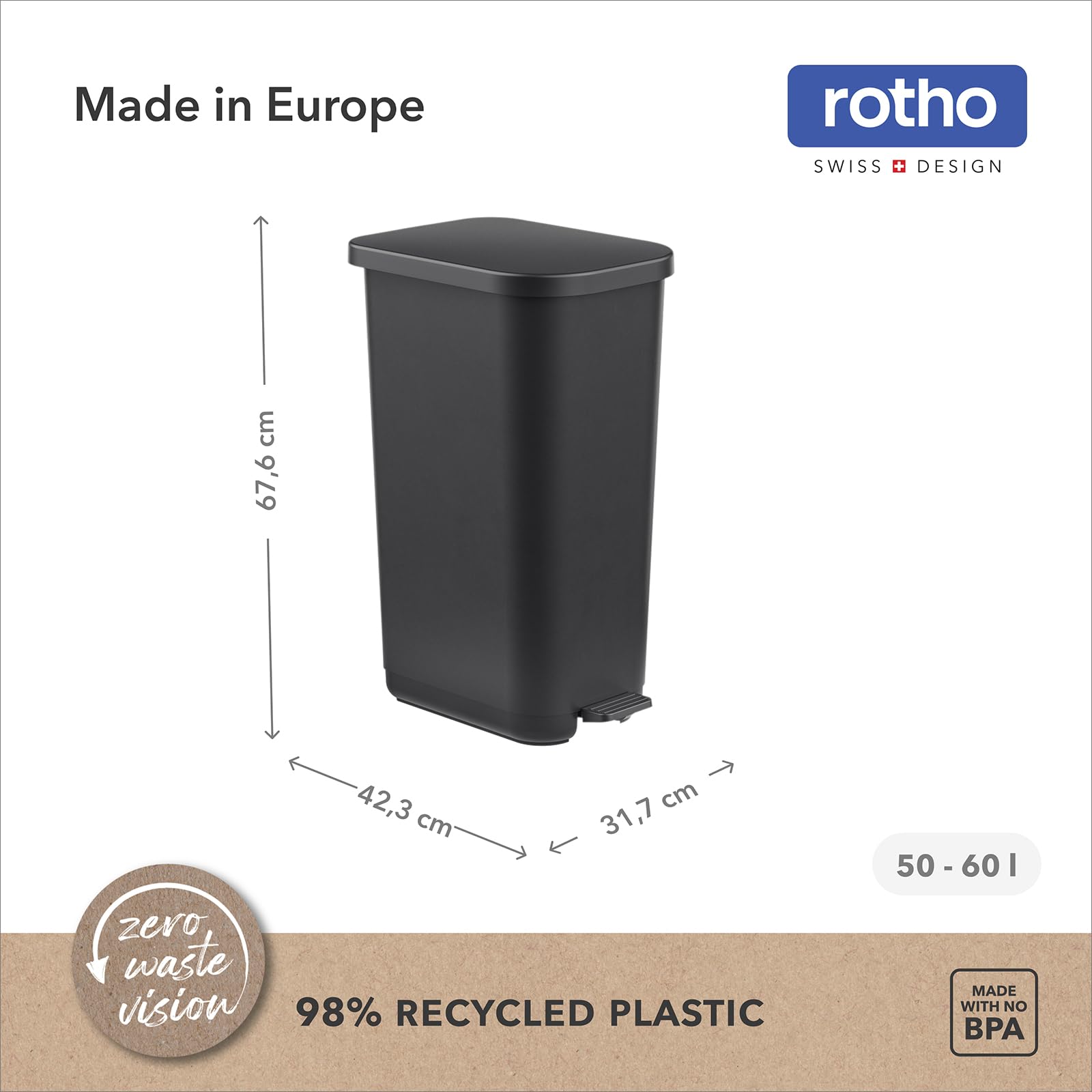 Rotho Orbe Cubo de Basura Cocina 50 L con Pedal Papelera Cocina PP Negro | Cubo de basura de 50 L con pedal y tapa, plástico PP de fácil cuidado, para residuos diarios de cocina