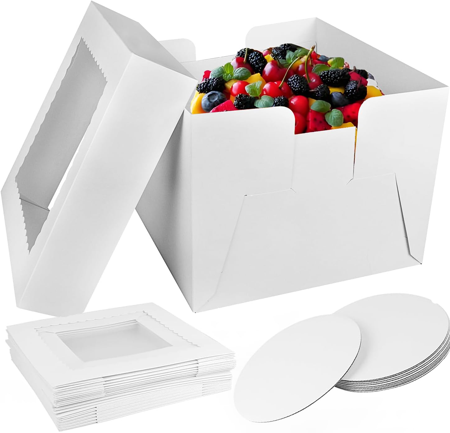 KUOGAS Scatola Torta in Cartone (25 x 25x 20cm), 10 pz Scatole per torte con finestra, Scatola alta per torte con vassoio, Scatola da trasporto per torte e pasticceria (10x10x8inch - 10Stk)