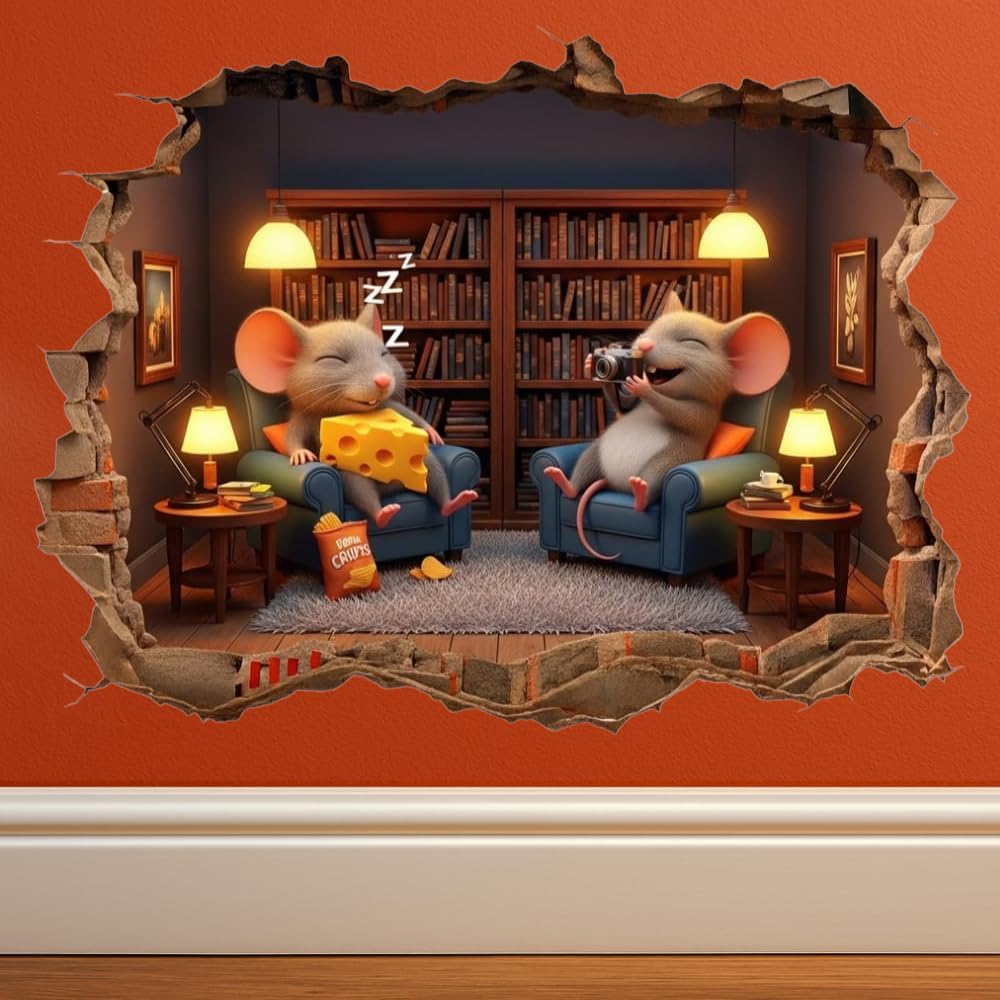 Cozy Mouse Wall Decal, 3D Fireplace Scene Decorative Sticker, Vinyl Home Decor (Mouse with Cheese)