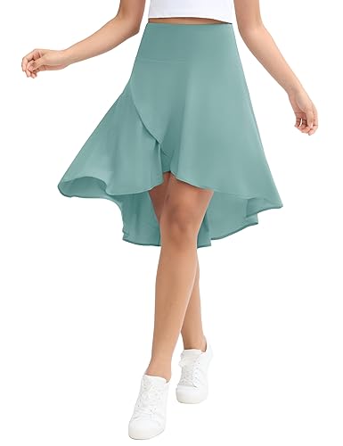 Origiwish Women's High Waist Flowy Midi Skirts Asymmetric Ruffle Hem High Low Skorts with Built-in Shorts - X-Large - Light Blue Green