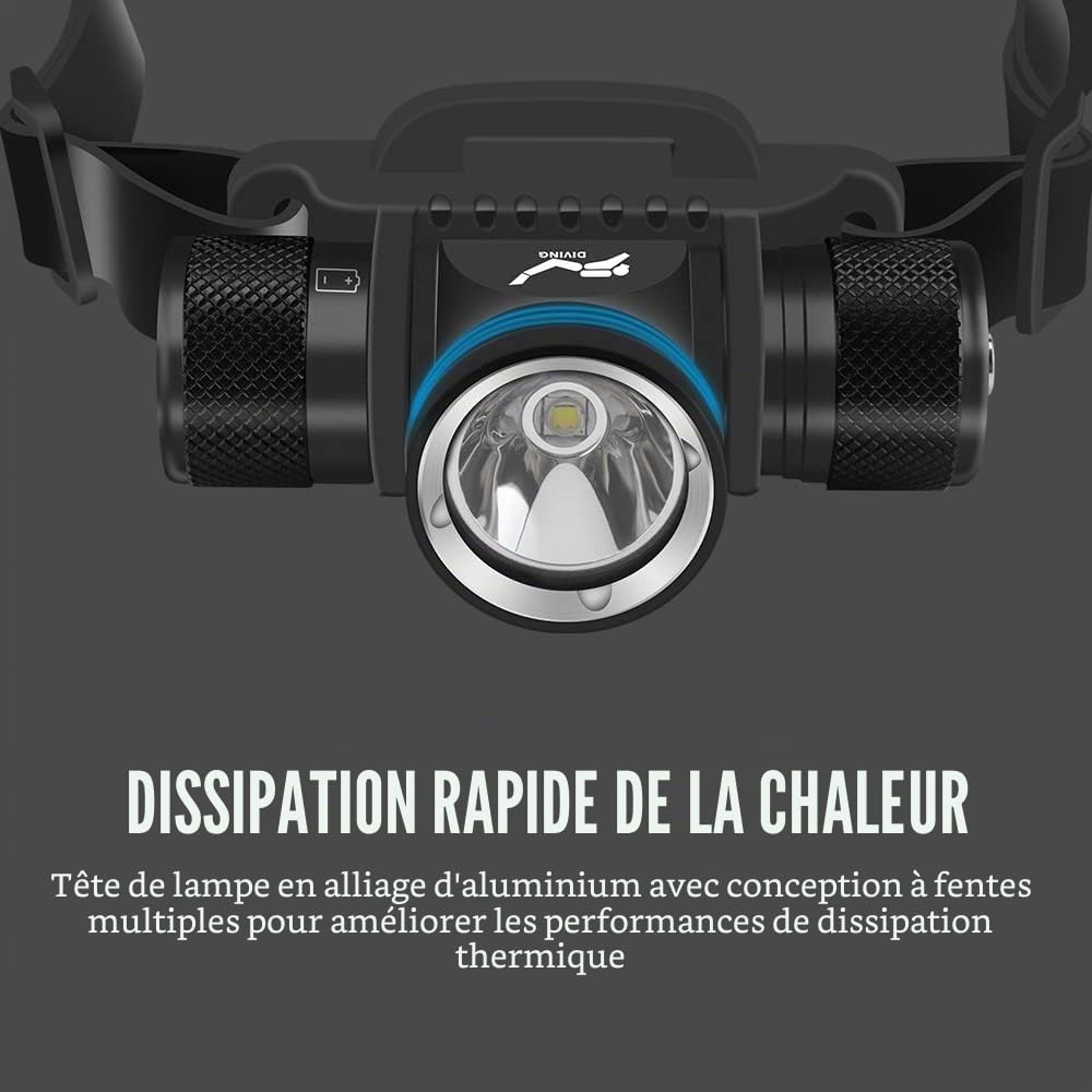 WINDFIRE 5 000 lumens lumière sous-marine, lumière frontale sous-marine, 5 modes lampe frontale sous-marine, IPX8 étanche submersible 60 mètres de sécurité tête de plongé