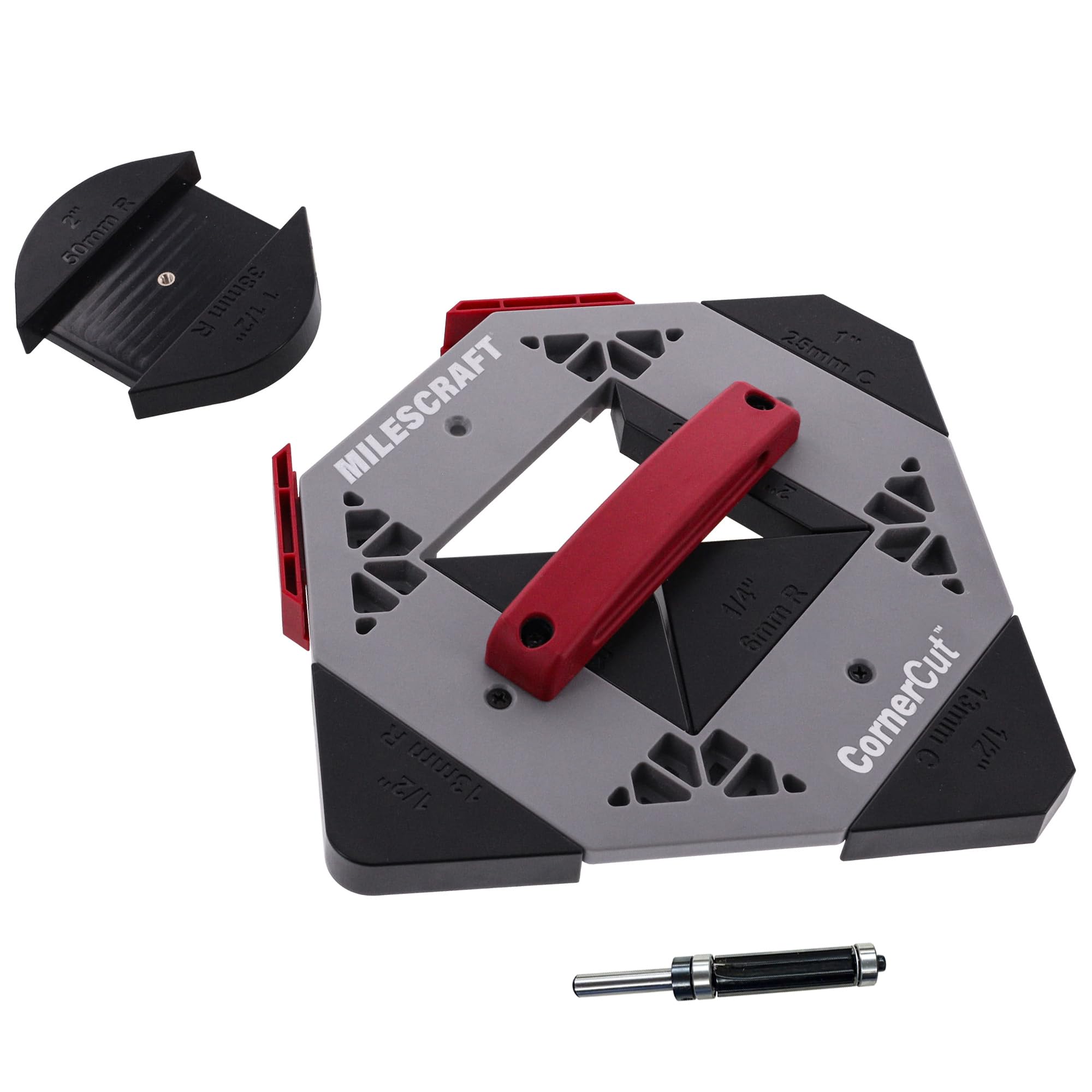 Milescraft 1232 Corner Cut - Plantilla de enrutador de esquina para carpintería y radio de esquina - Uso con enrutador de mano o mesa de enrutador - 8 perfiles con almacenamiento integrado. Broca de