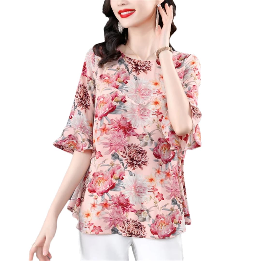 Camicia da donna in seta con stampa floreale in chiffon a maniche svasate estate O-collo sottile manica corta sottile