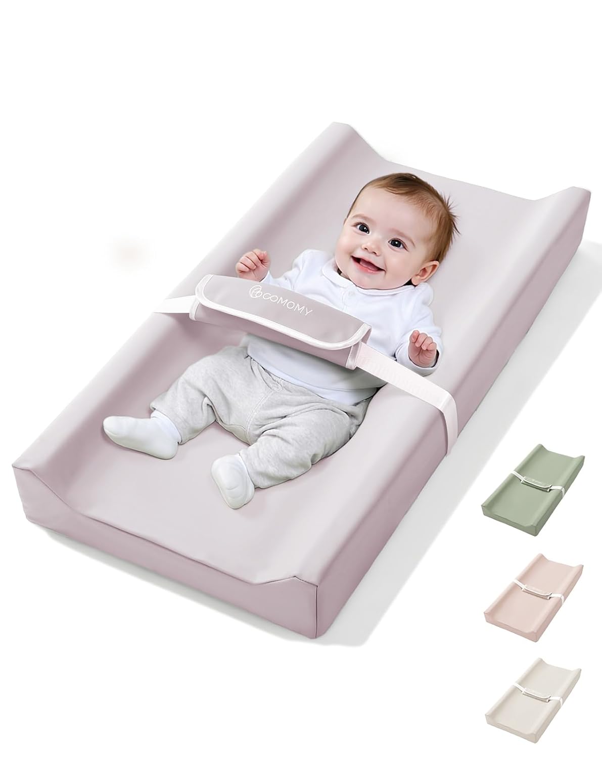 COMOMY Baby Changing Pad with Wipeable & Waterproof PU Cover, Contoured Diaper Changing Pad for Dresser with Non-Slip Safety Belt, Portable and Lightweight, Large Cushioned Foam, Lavender