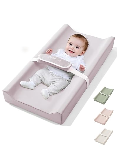 COMOMY Cambiador de bebé con funda de poliuretano lavable e impermeable, cambiador de pañales contorneado para tocador con cinturón de seguridad