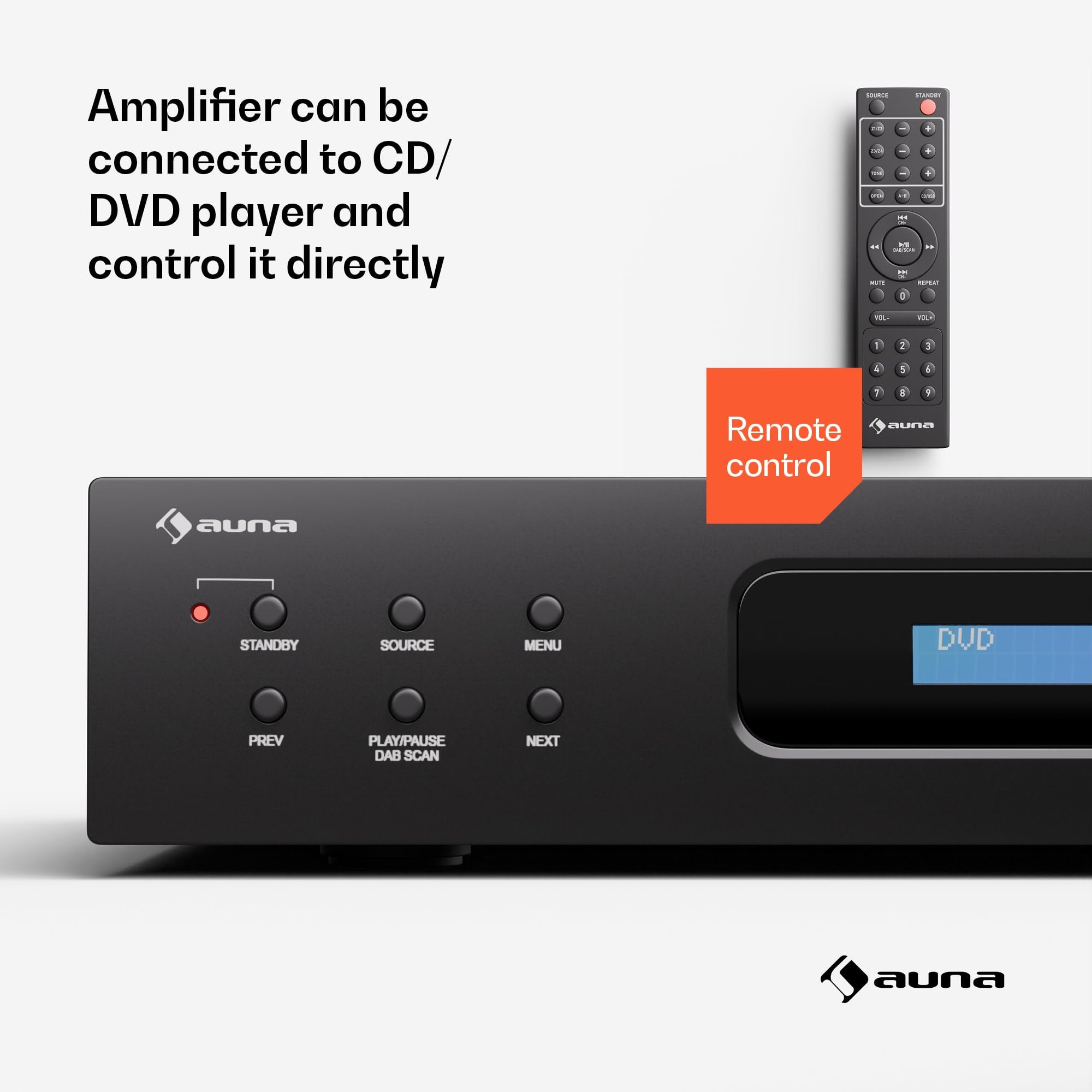 Auna HiFi Stereo-Verstärker 2x60W mit Bluetooth, Fernbedienung, DAB+ Radio, CD/DVD-Player-Eingang - Hochwertiger Audioverstärker für CD-Player, Plattenspieler & Radio