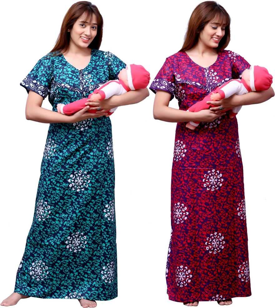 Image of Feeding Nighty in Fine Cotton 2 Side Zips for Feeding Purpose & Neck Buttons for Easy Wearing Soft Cotton Maternity Nighty for Women Feeding Combo Feeding Nighty for Women Cotton Combo of 2Pcs