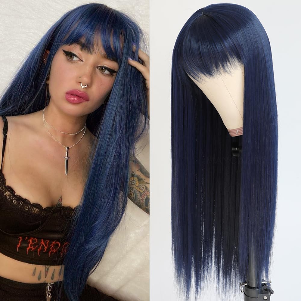 Maycaur Blue Synthetic Hair Wigs with Full Bangs Long Straight Women's Wig Heat Resistant Synthetic No Lace Wigs for Fashion Women