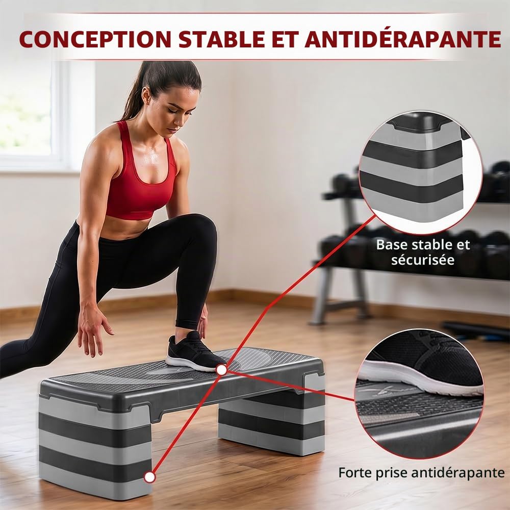 Stepper d'exercice aérobic avec 5 niveaux réglables (10/15/20/25/30 cm), cardio, poids, yoga, entraînement d'exercice, planche à pas, antidérapant pour maison/gym/bureau, routine, fitness,