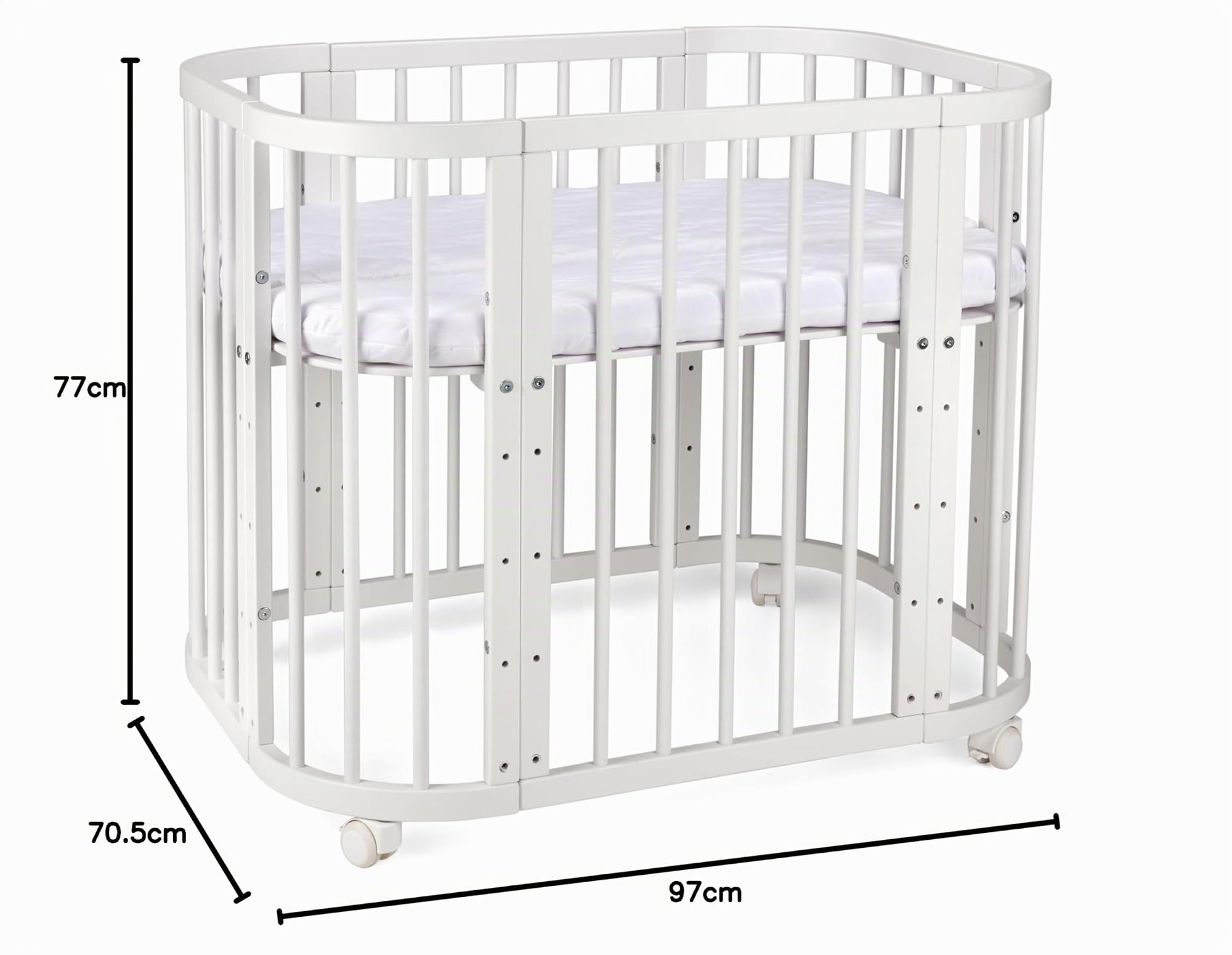 waldin Lettino Bebè 5in1, Culla Co-Sleeping in Legno, Materasso, Bianco | Ventilato, Base Regolabile su 5 Livelli, Lettino Evolutivo, Funzione Dondolo Opzionale