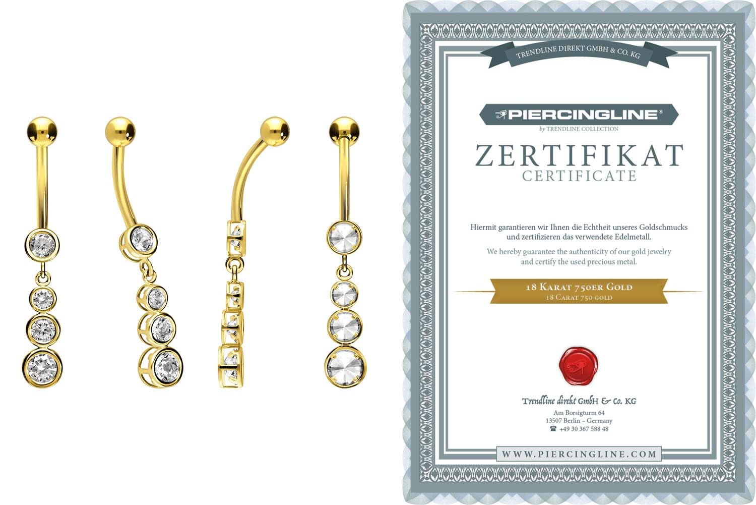 PIERCINGLINE 750er GOLD Bauchnabelpiercing 18 KARAT 4 Kristalle Piercing Bananabell Banane Gelbgold